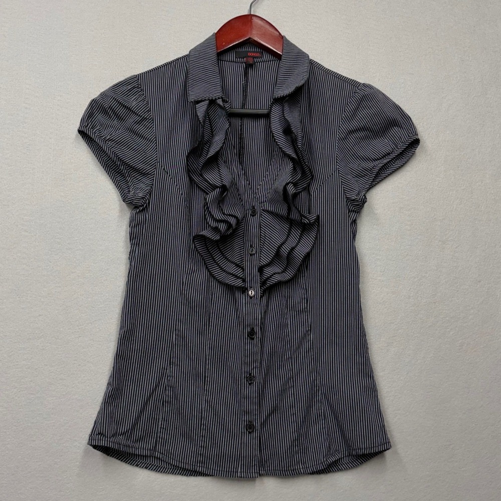 Bongo Ruffle Front Blouse Womens Medium Black Pinstripe Y2K Smocked Back Top